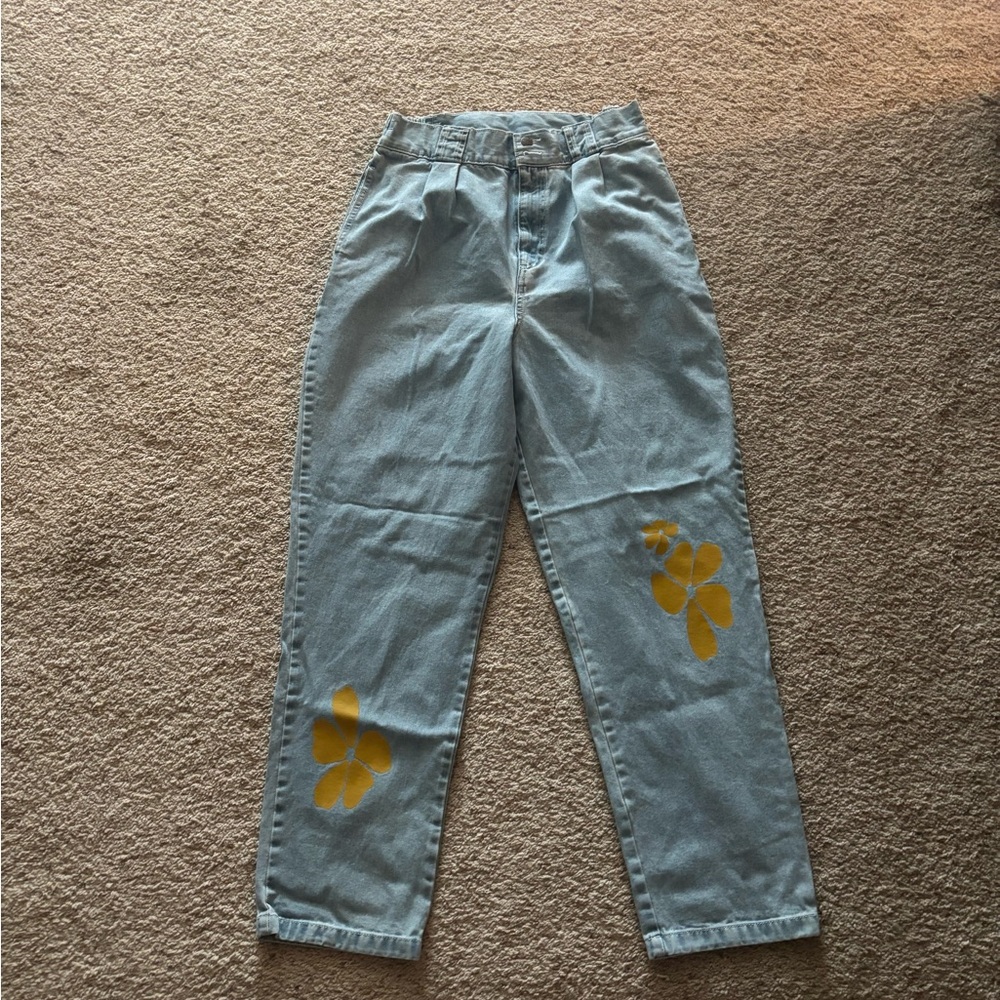 Lucy & Yak Light Blue Denim pants yellow flowers